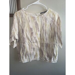 Beau Jours Womens 100% Linen Abstract Watercolor Print Yellow Mauve Size S